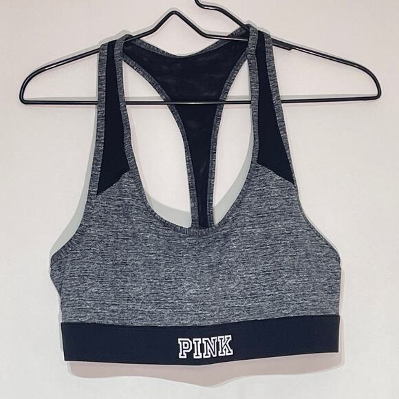 PINK Sports Bra Womens Large Heather Gray Racerback Pullover No Padding Wireless - Picture 1 of 4
